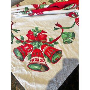 Vintage Christmas Bells Tablecloth 68" X 58" Linen Cotton Blend Red & Green